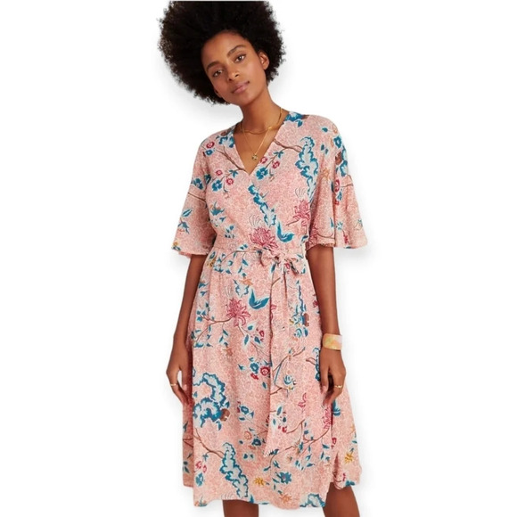 Anthropologie Maeve Adelaide Pink Wrap Midi Dress Short Sleeve Floral Small - Picture 16 of 16